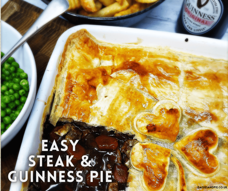 steak and guinness pie in large baking dish