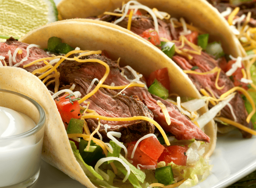 carne asada tacos with all the toppings on a plate