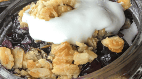 glass cup of gluten free blueberry crisp topped with oats
