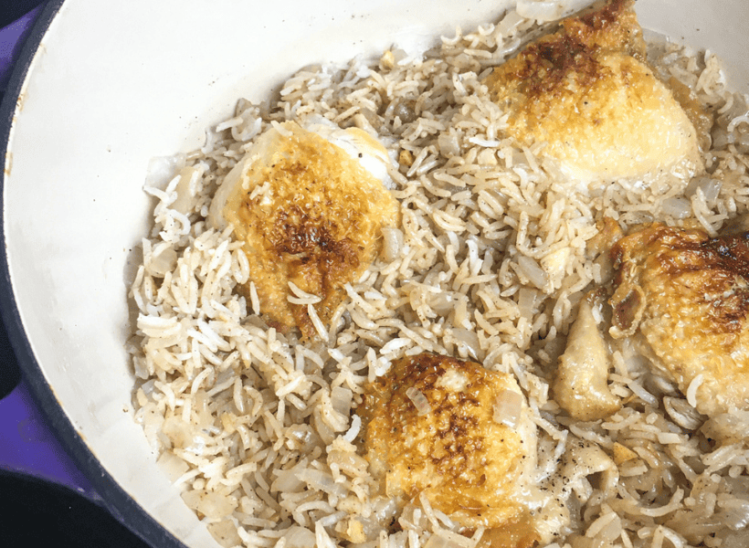 chicken thighs in dutch oven with rice