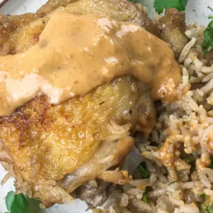 roasted dutch oven chicken with peanut sauce and rice on a plate