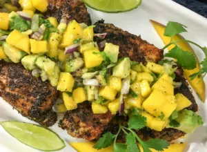 cajun fried fish with salsa on serving platter
