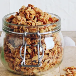 glass jar full of high protein granola