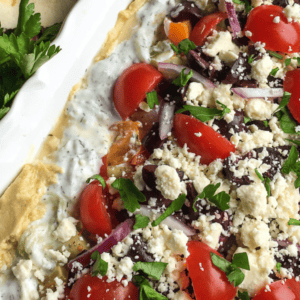 layered mediterranean dip with olives, tomatoes, red onions, hummus on a plate