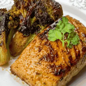plate of mahi mahi and roasted broccoli