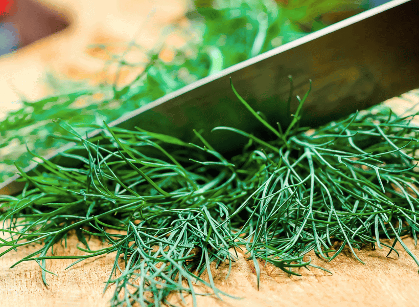 dill herbs being chopped on cutting board