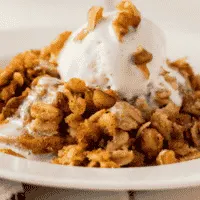 white bowl of apple crisp with vanilla ice cream on top