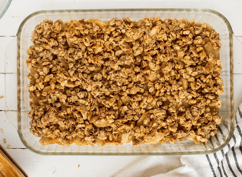 apple crisp in pyrex dish to be baked