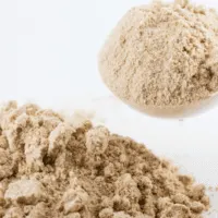 large scoop of protein powder and a pile of powder on the table beside it