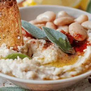 bowl of white bean dip with pita bread