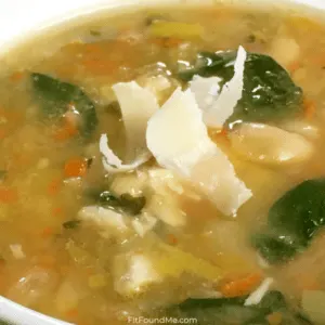 bowl of leftover thanksgiving turkey soup in white bowl