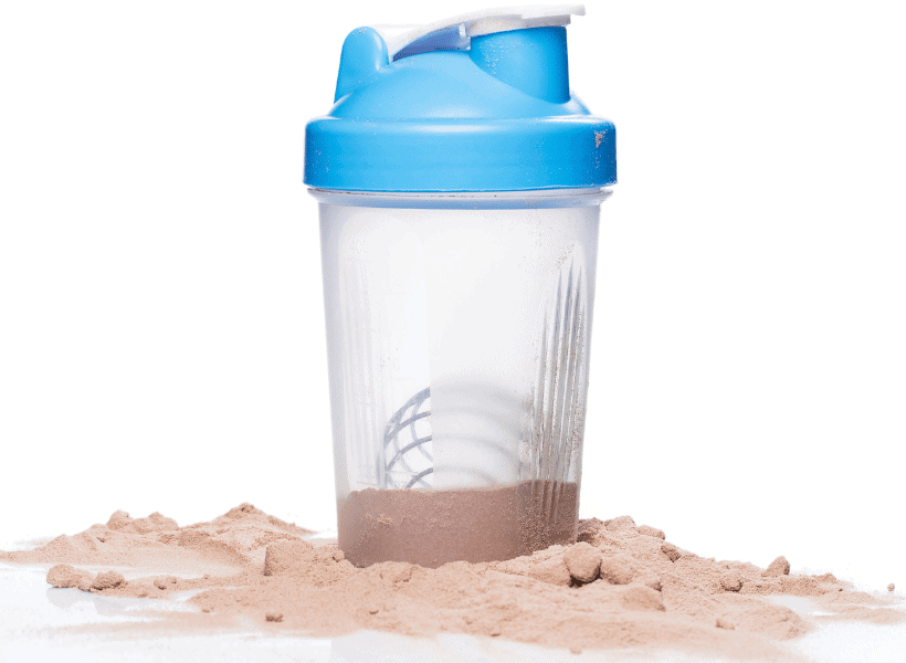 shaker bottle with agitator and chocolate protein powder on table