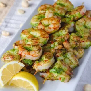 Arugula-Macadamia Pesto Grilled Shrimp