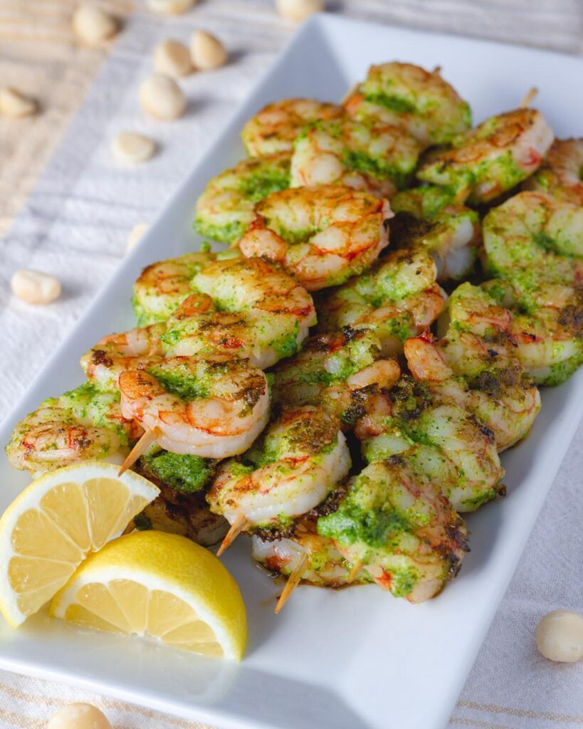 Arugula-Macadamia Pesto Grilled Shrimp