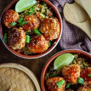 Maple Sriracha Chicken Meatballs Fried Cauli-Rice bowls