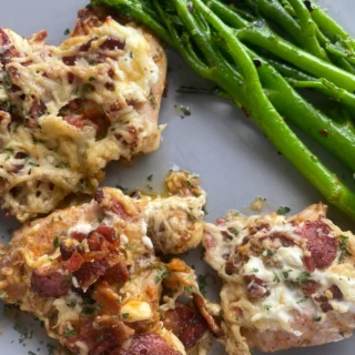 Bacon Cream Cheese and Cheddar Chicken with Broccoli Sautéed in Olive Oil Garlic and Red Pepper Flakes