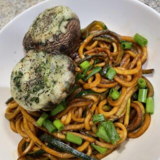 Zucchini noodles and stuffed mushrooms
