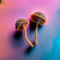 Two,Dried,Psilocybin,Mushrooms,On,A,Rainbow-coloured,Background.