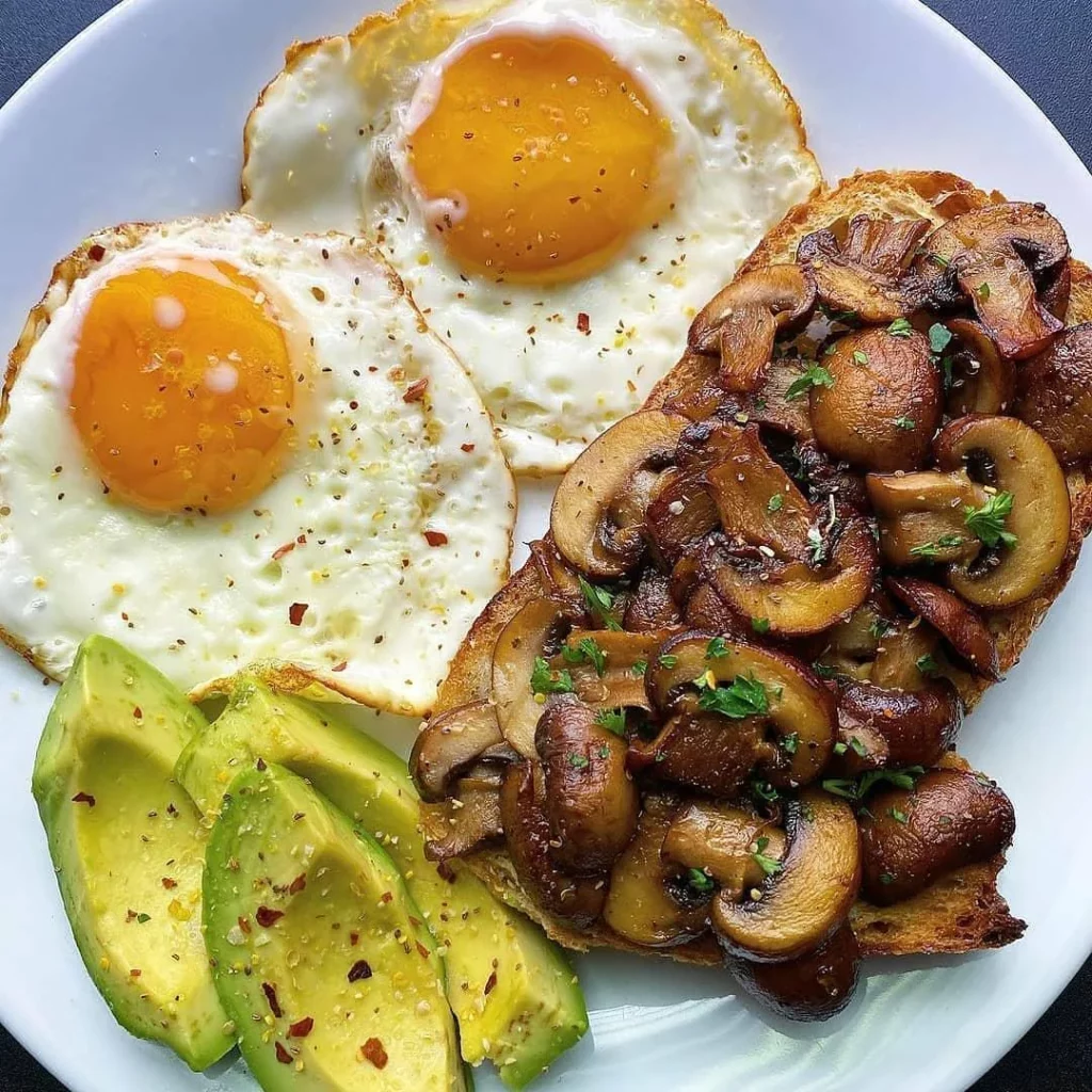 Pasture-raised Fried Eggs With Garlic Butter Mushrooms And Avocado Recipe